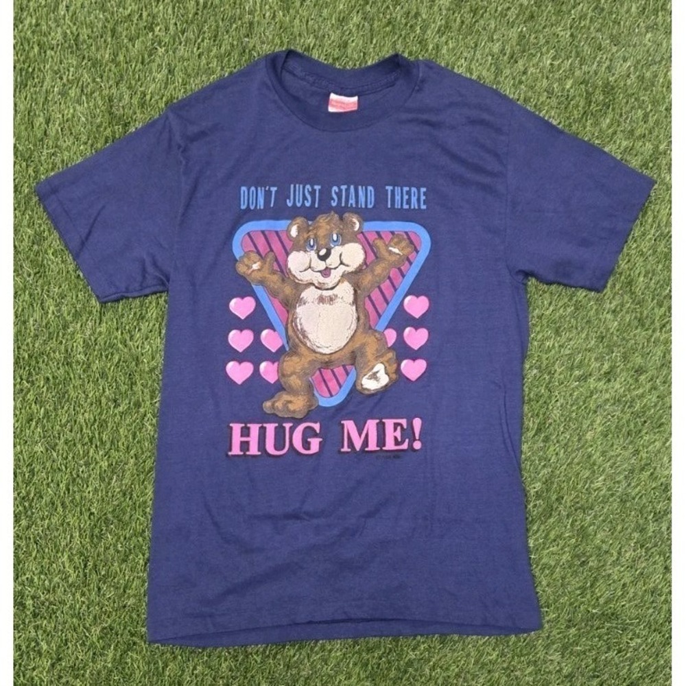Vintage 1982 Bear Hug Me Graphic T Shirt 80s Navy Blue 50/50 Blend Tag Large